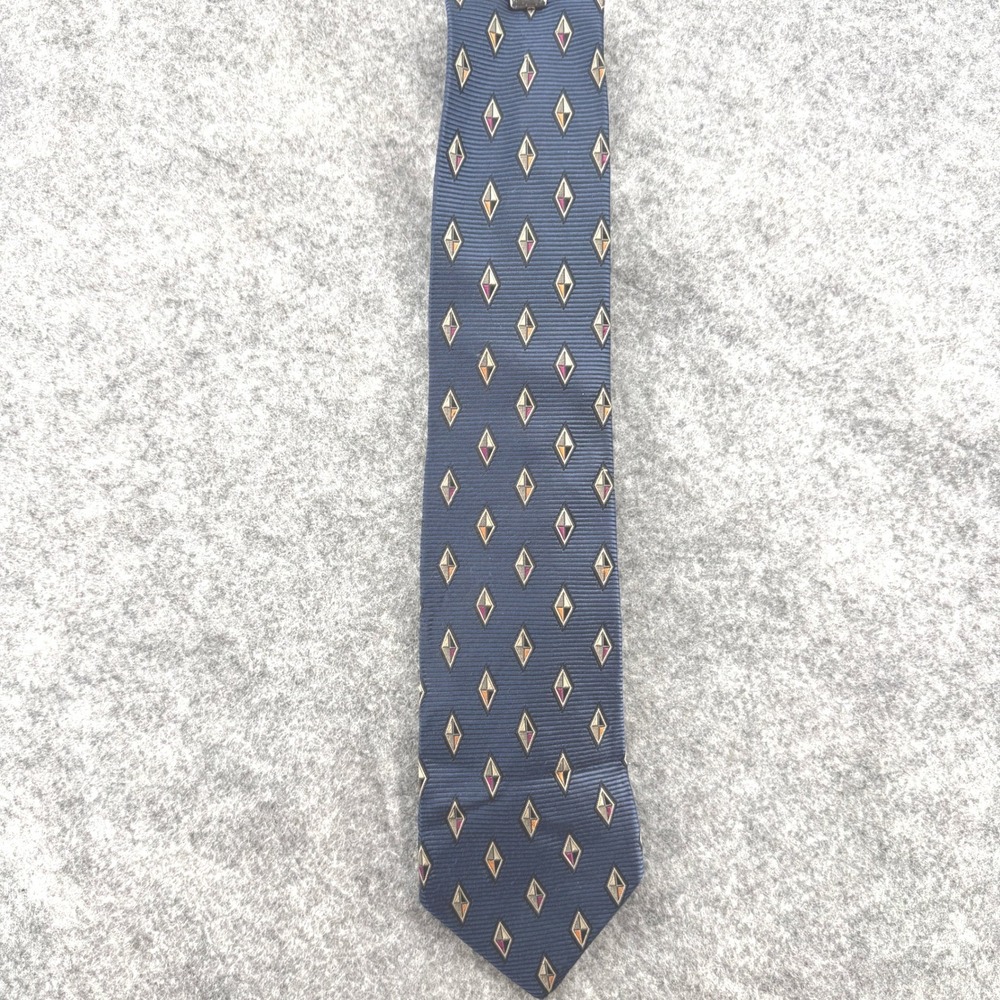 Hickey Freeman Tie 100% Silk Handmade Navy Geometric Diamond Ribbed Silk Necktie